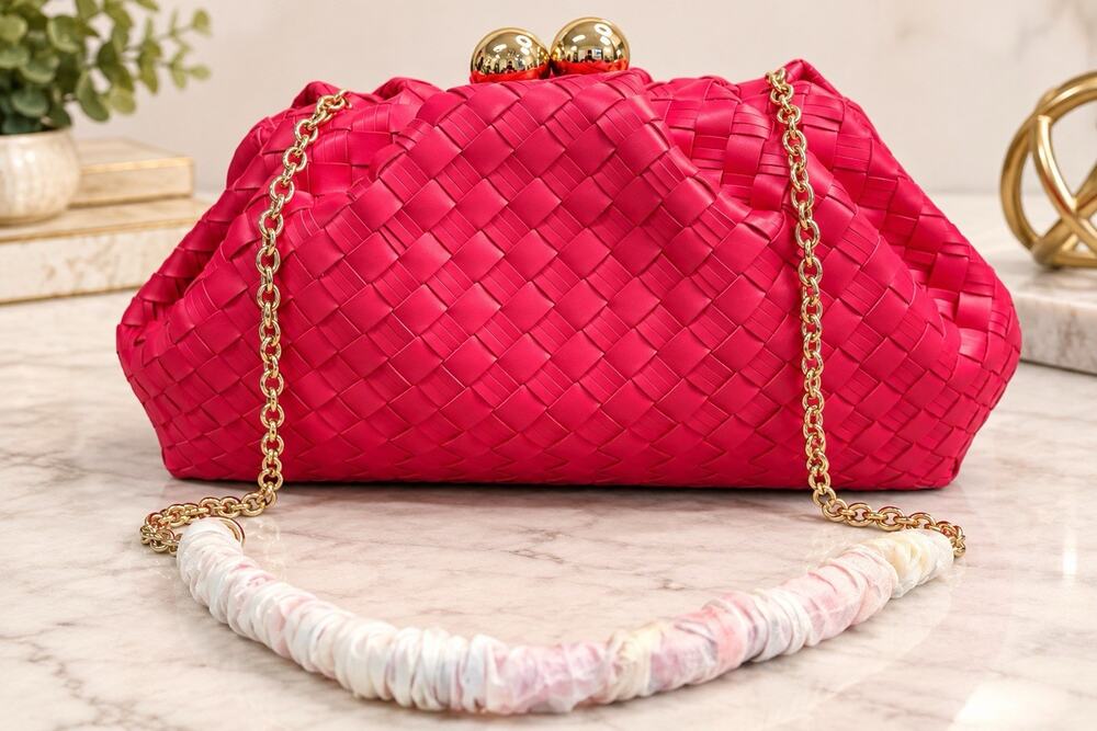 Cole Haan Woven Leather Fuchsia Pink Clutch Gold Chain Kiss Lock NEW